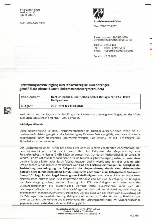 Freistellungsbescheinigung vom Finanzamt für Bauleistungen gemäß §48b EStG zur Vermeidung von Steuerabzug